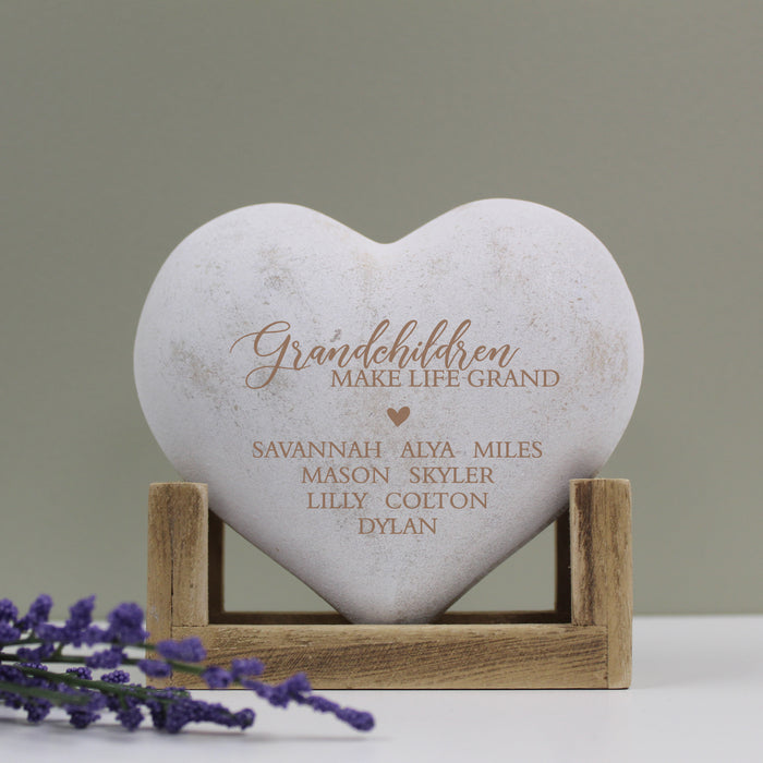 Personalized "Grandchildren Make Life Grand" Wooden Heart Display Plaque