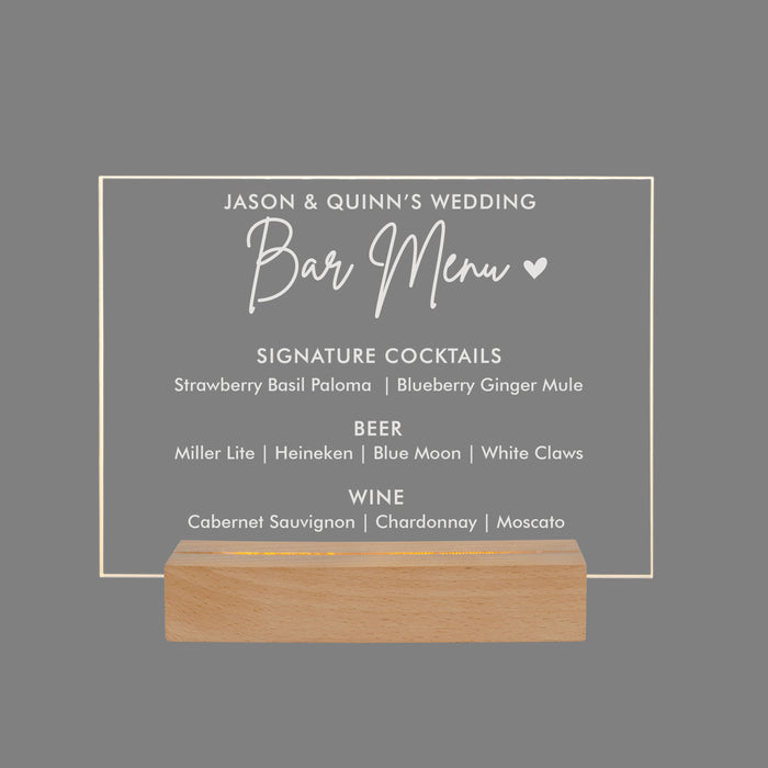 Personalized wedding bar décor. Personalized wedding bar menu LED sign.