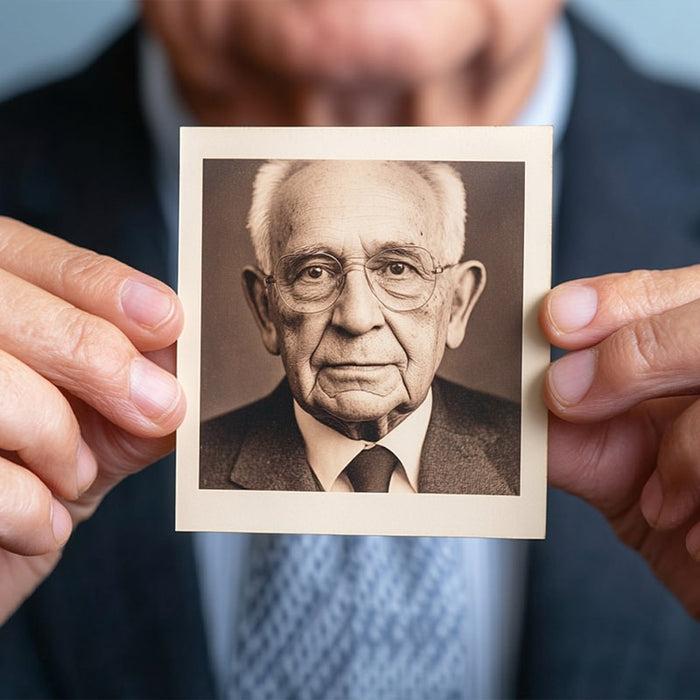 Man holding a photo of a grandfather
