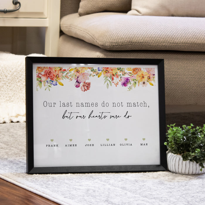 Personalized "Different Last Names, Same Hearts" Blended Family Wall Sign
