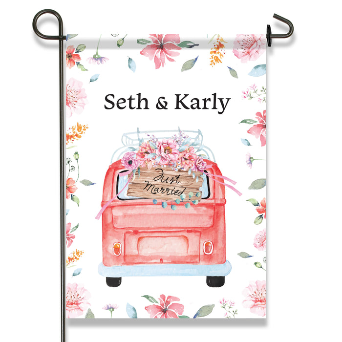 Personalized Floral Van "Just Married" Wedding Reception Welcome Flag