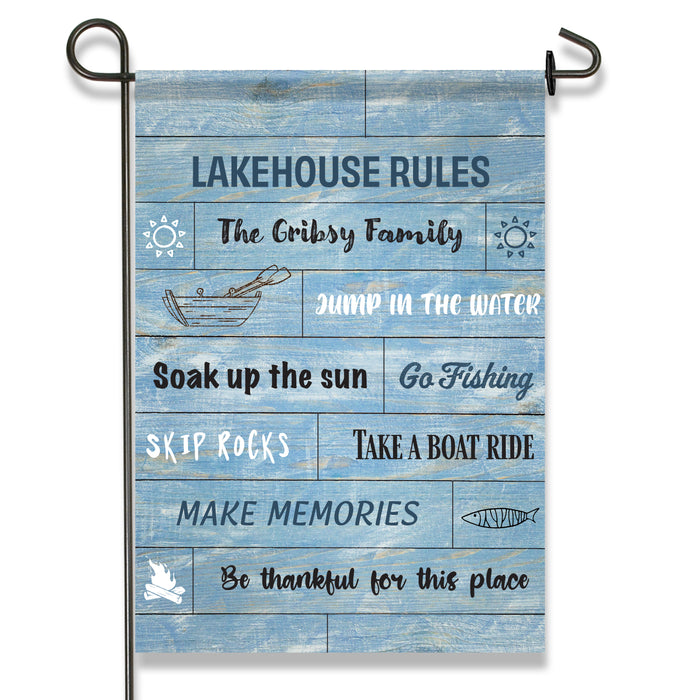 Personalized "Lakehouse Rules" Garden Flag