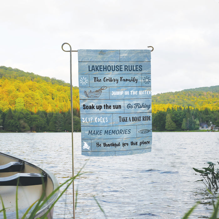 Personalized "Lakehouse Rules" Garden Flag