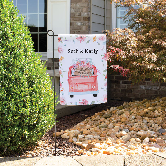 Personalized Floral Van "Just Married" Wedding Reception Welcome Flag