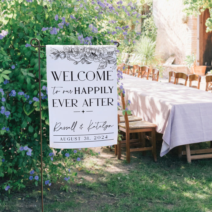 Personalized Black and White Wedding Welcome Flag