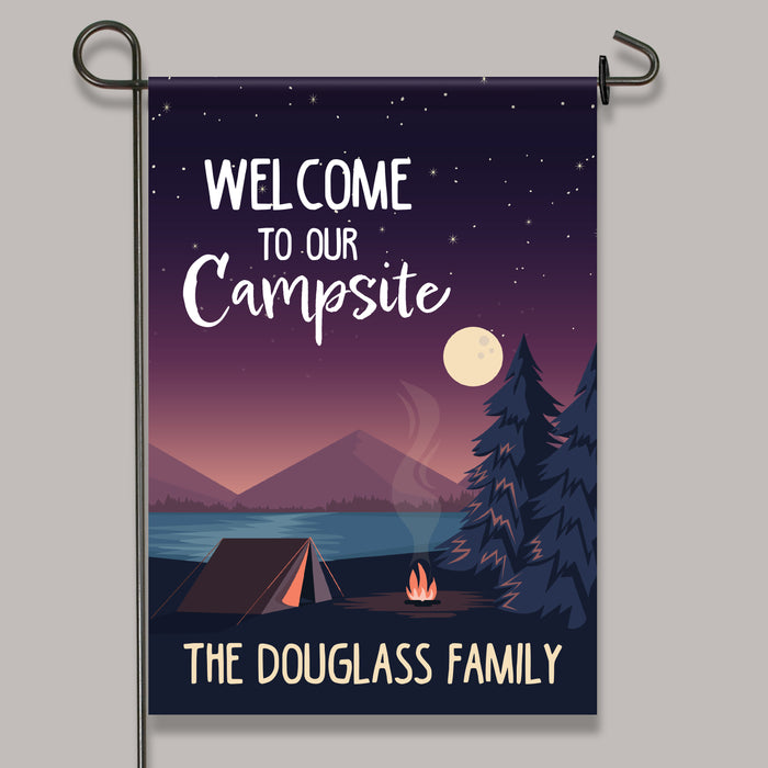 Personalized Night Scene "Welcome to our Campsite" Flag