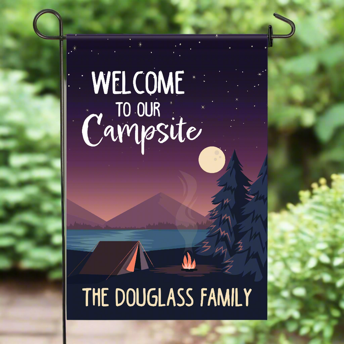 Personalized Night Scene "Welcome to our Campsite" Flag