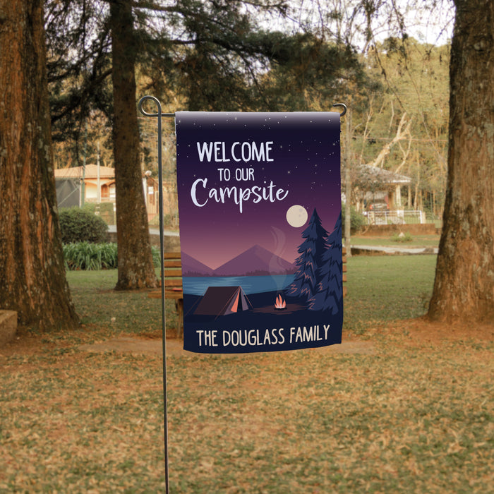 Personalized Night Scene "Welcome to our Campsite" Flag