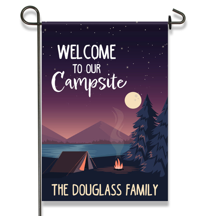 Personalized Night Scene "Welcome to our Campsite" Flag