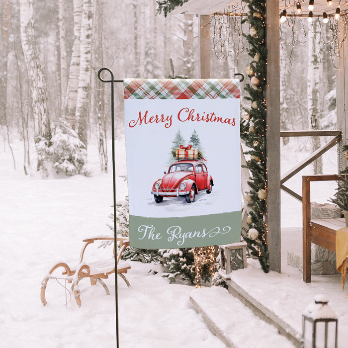 Personalized Vintage Red Car Christmas Garden Flag