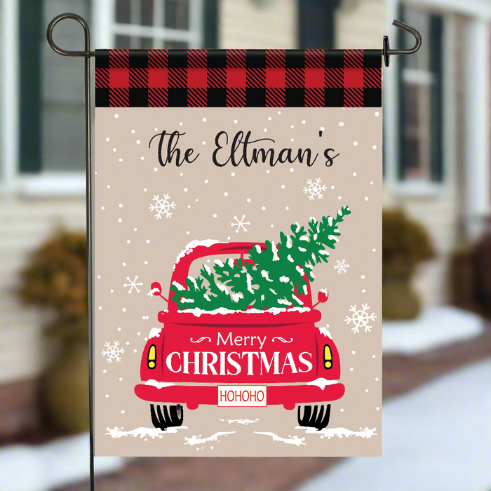 Personalized Red Truck Merry Christmas Garden Flag