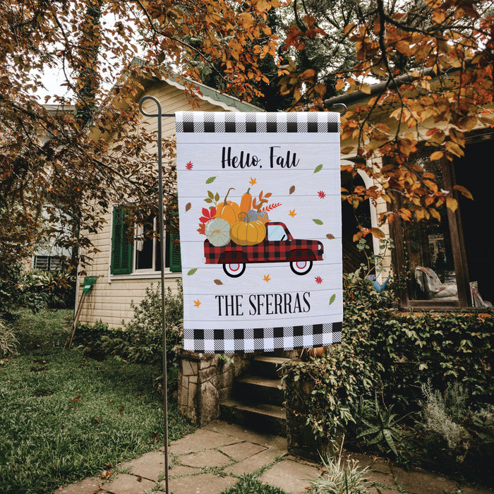 Personalized "Hello Fall" Pumpkin Truck Garden Flag