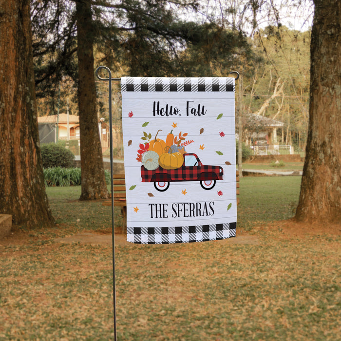 Personalized "Hello Fall" Pumpkin Truck Garden Flag