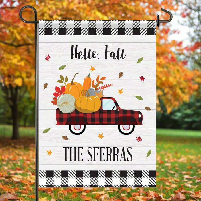 Personalized "Hello Fall" Pumpkin Truck Garden Flag