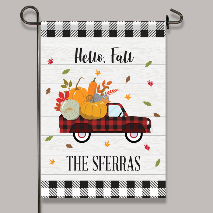 Personalized "Hello Fall" Pumpkin Truck Garden Flag