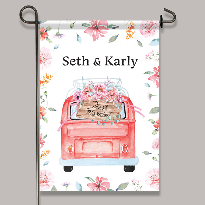 Personalized Floral Van "Just Married" Wedding Reception Welcome Flag