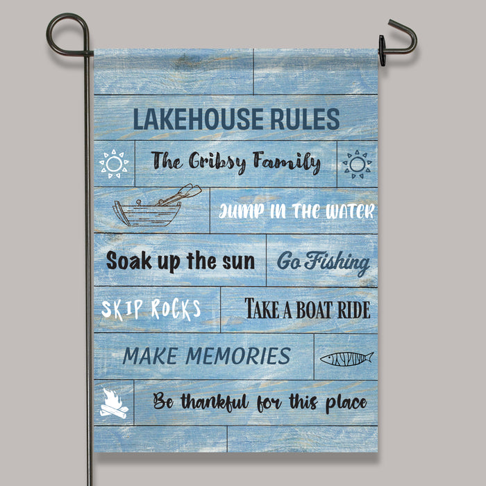 Personalized "Lakehouse Rules" Garden Flag