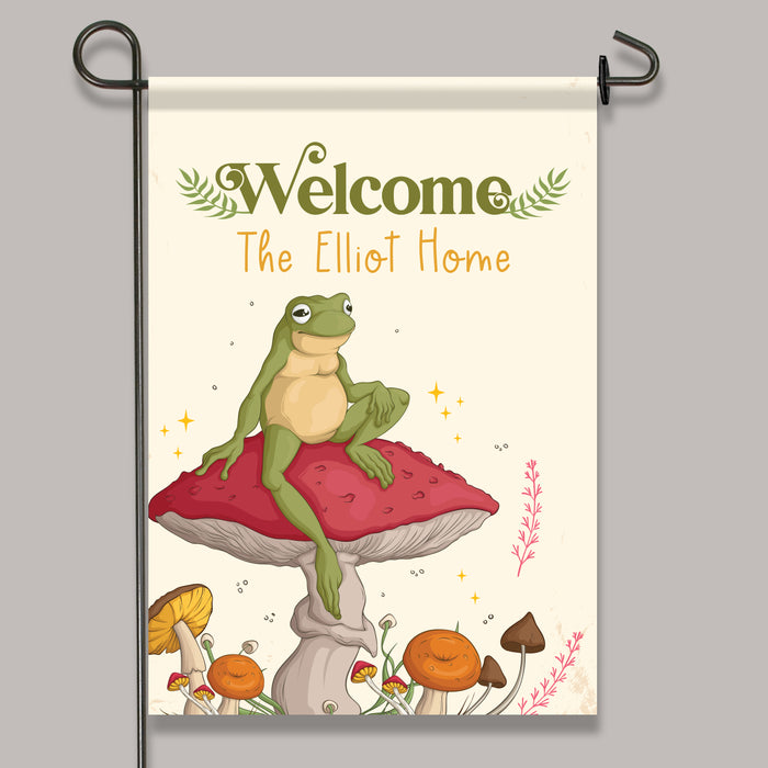 Personalized Frog and Mushroom Welcome Garden Flag