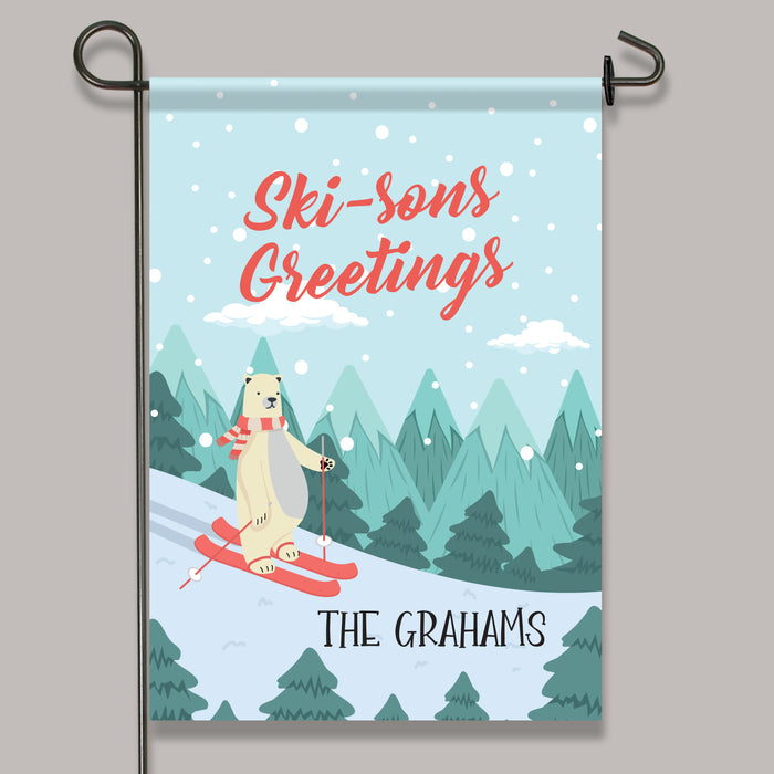 Personalized "Ski-Sons Greetings" Winter Garden Flag