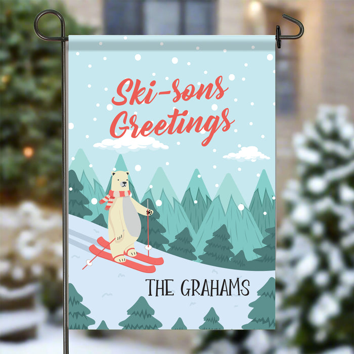 Personalized "Ski-Sons Greetings" Winter Garden Flag