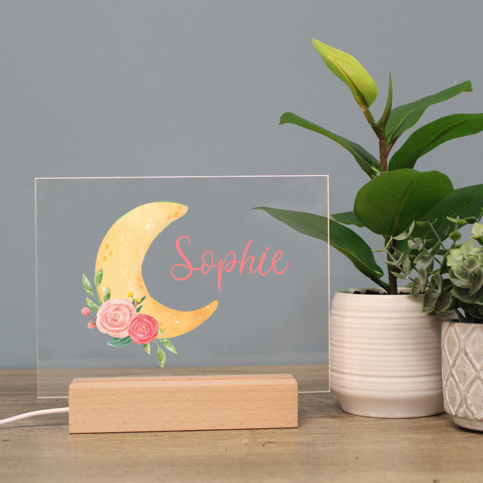 Personalized Floral Moon LED Light for Girl's Bedroom