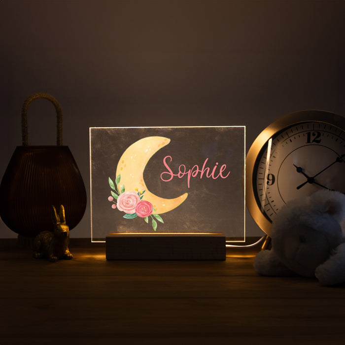 Personalized Floral Moon LED Light for Girl's Bedroom