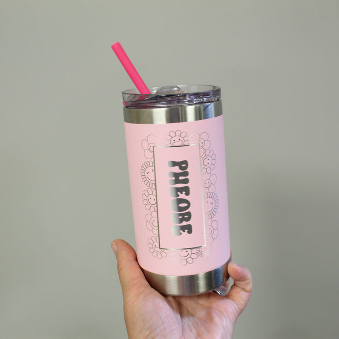 Personalized Pink Flower Smiley Face Tumbler for Girls