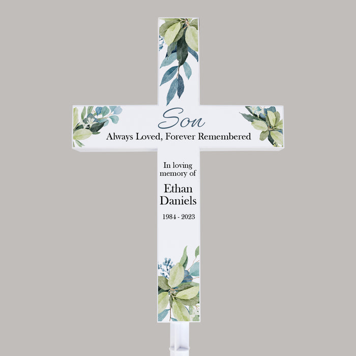 Personalized son memorial cross garden stake