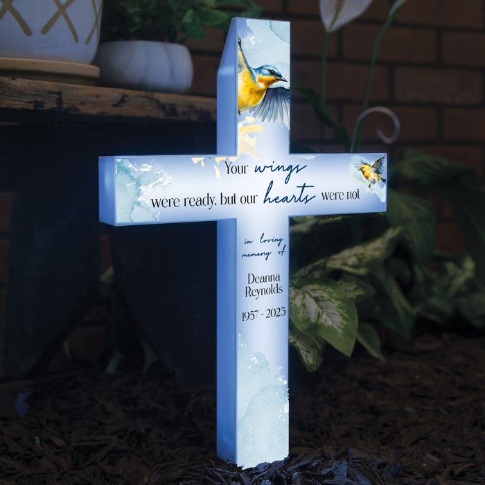 Personalized "Your Wings Were Ready" Memorial Solar Garden Stake Cross