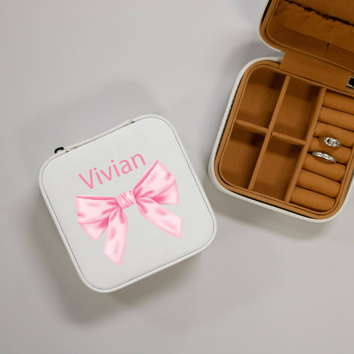 Personalized Pink Bow Travel Jewelry Box