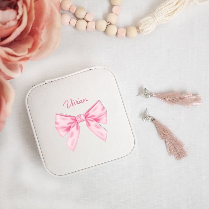 Personalized Pink Bow Travel Jewelry Box