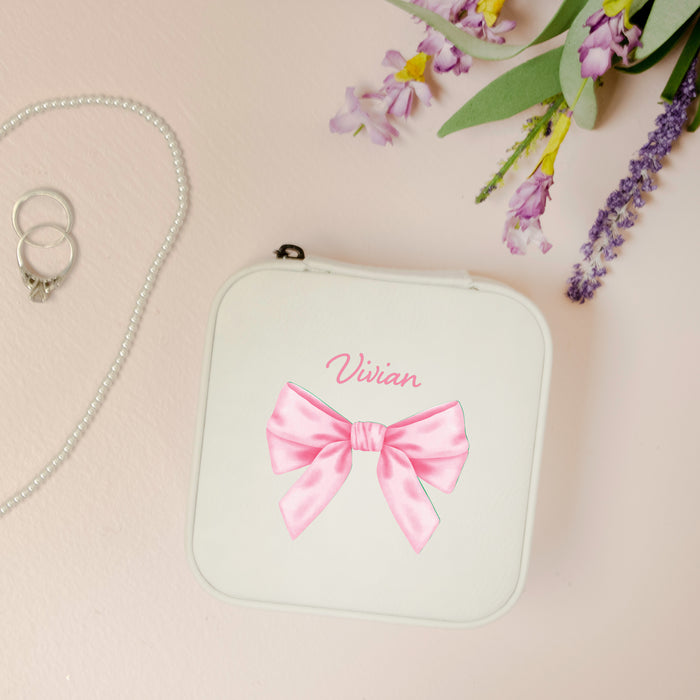 Personalized Pink Bow Travel Jewelry Box