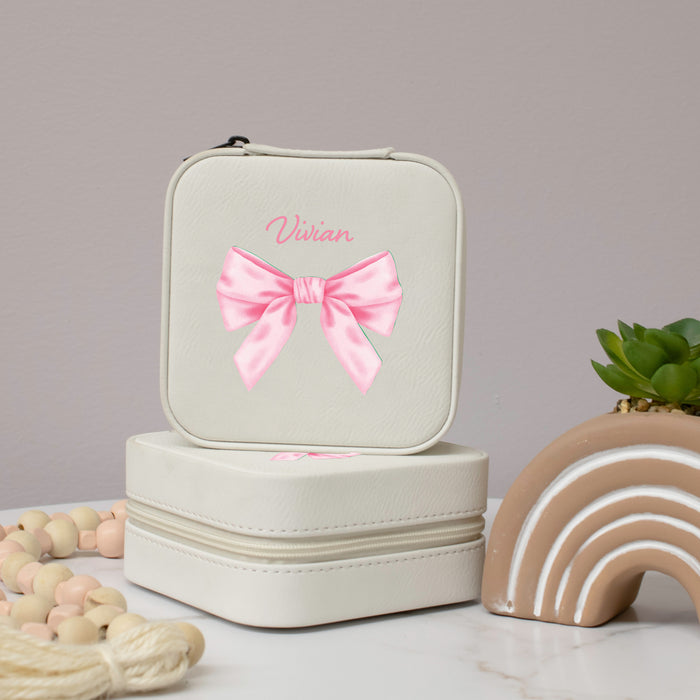 Personalized Pink Bow Travel Jewelry Box