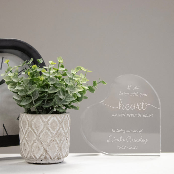 Personalized "Listen With Your Heart” Memorial Acrylic Heart Sitter