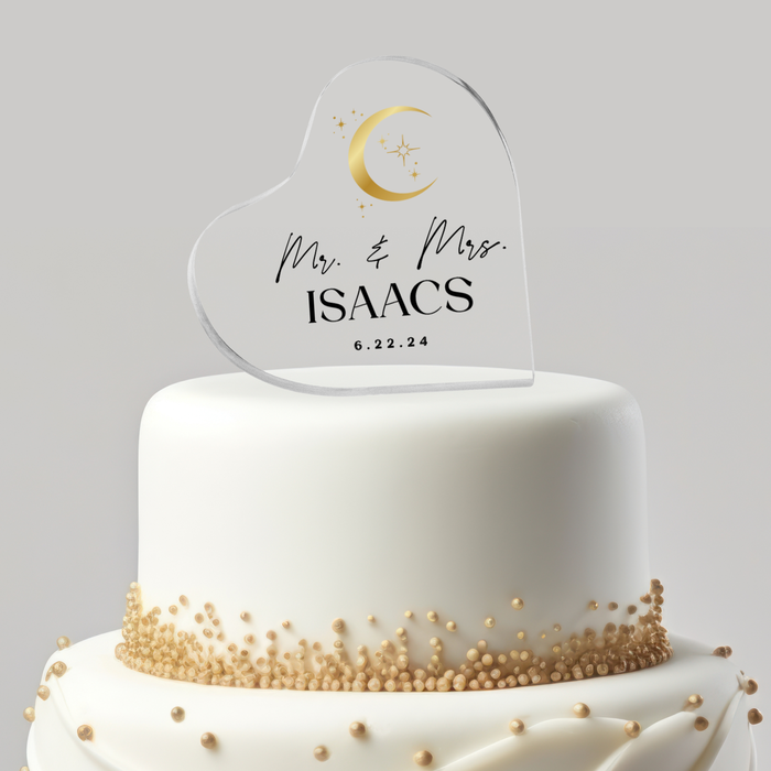 Personalized "Gold Moon & Stars" Wedding Cake Acrylic Heart Topper