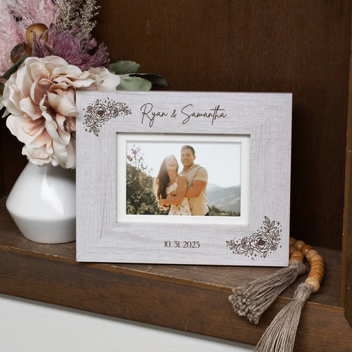 White / Horizontal Personalized Floral Wedding Picture Frame