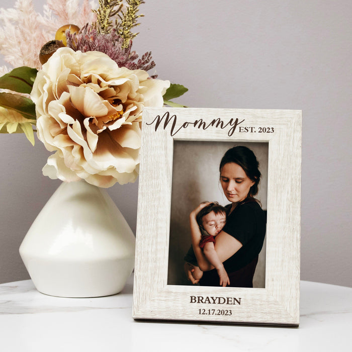 Rustic White / Vertical Personalized "Mommy Est." Picture Frame