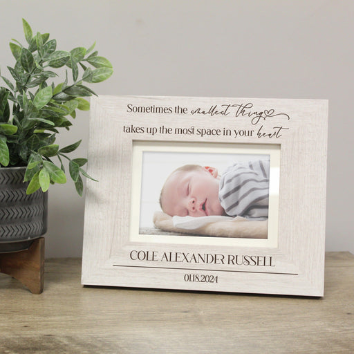 White / Horizontal Personalized "Smallest Thing Takes Up The Most Room In Your Heart" Baby Picture Frame
