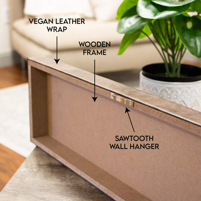 Back view of brown 20x6 wall sign labeling vegan leather wrap, wooden frame, and sawtooth wall hanger