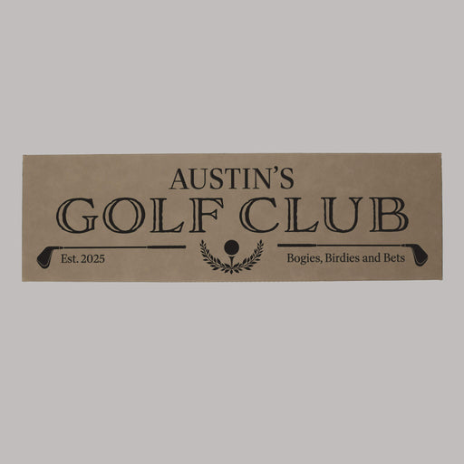 Personalized golf club sign with 'Austin's Golf Club' text on a gray background