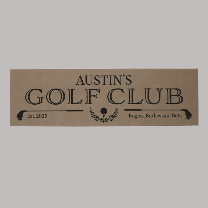 Personalized golf club sign with 'Austin's Golf Club' text on a gray background