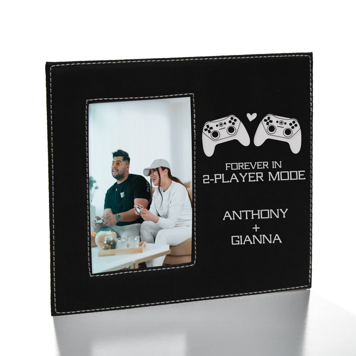 vegan leather black framed engraved in silver with couples names for gaming 