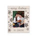 A personalized Christmas photo frame with a white wood-grain border, featuring dark brown snowflakes, the text 'merry christmas' at the top, and 'THE JOHNSONS' at the bottom. A custom photo of a family is displayed in the center.