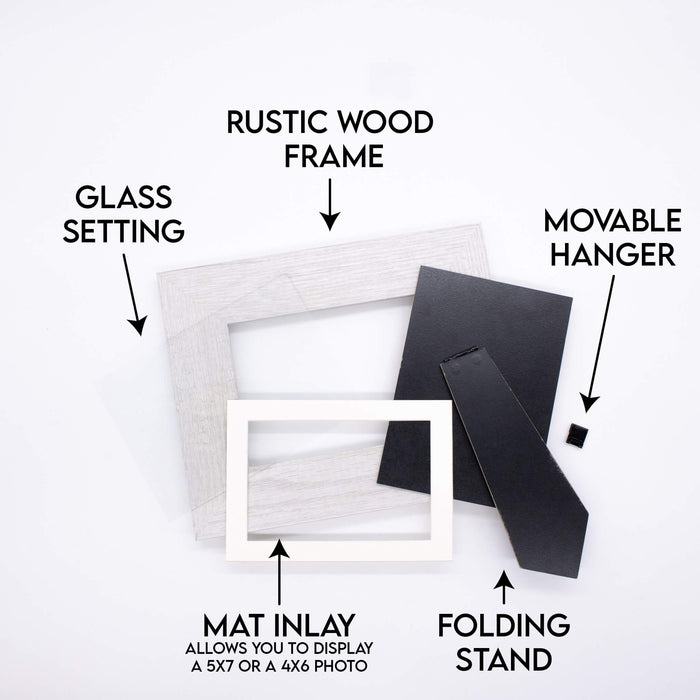 Rustic wood frame with glass setting, mat inlay, movable hanger, and folding stand on a white background.