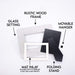 Rustic wood frame with glass setting, mat inlay, movable hanger, and folding stand on a white background.
