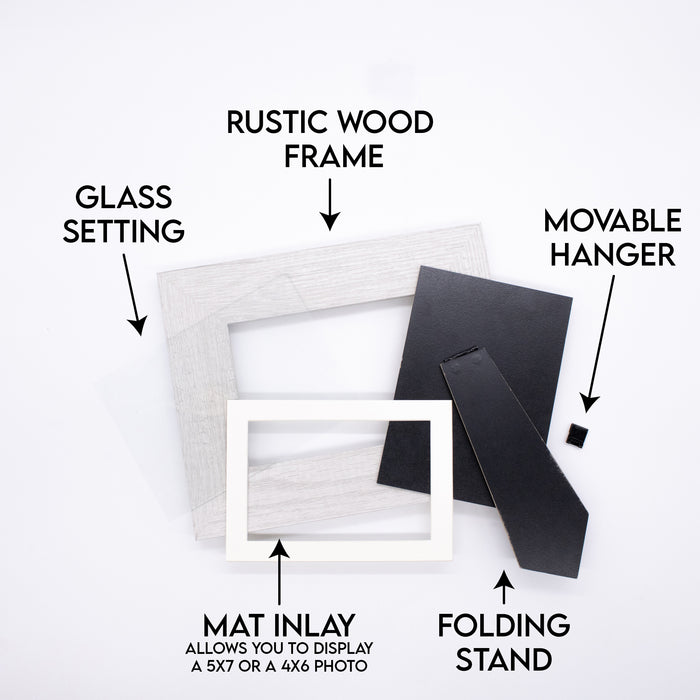 Rustic wood frame with glass setting, mat inlay, movable hanger, and folding stand on a white background.