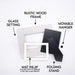 Rustic wood frame with glass setting, mat inlay, movable hanger, and folding stand on a white background.