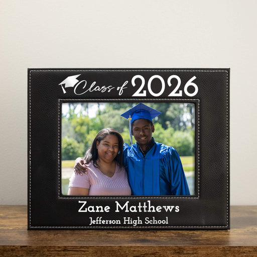Graduation-themed photo frame with 'Class of 2026' text, featuring a photo of a graduate and their mother.