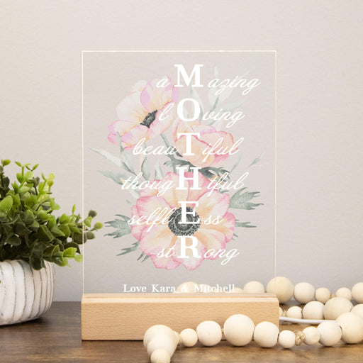Decorative sign with floral design and text on a neutral background