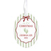 Personalized oval Christmas ornament with a white background, light green vertical stripes, a red scalloped border, a red bow illustration, and a white hanging ribbon. The ornament reads 'my first CHRISTMAS', has baby footprints, and 'GEORGIA LEE 2026'.